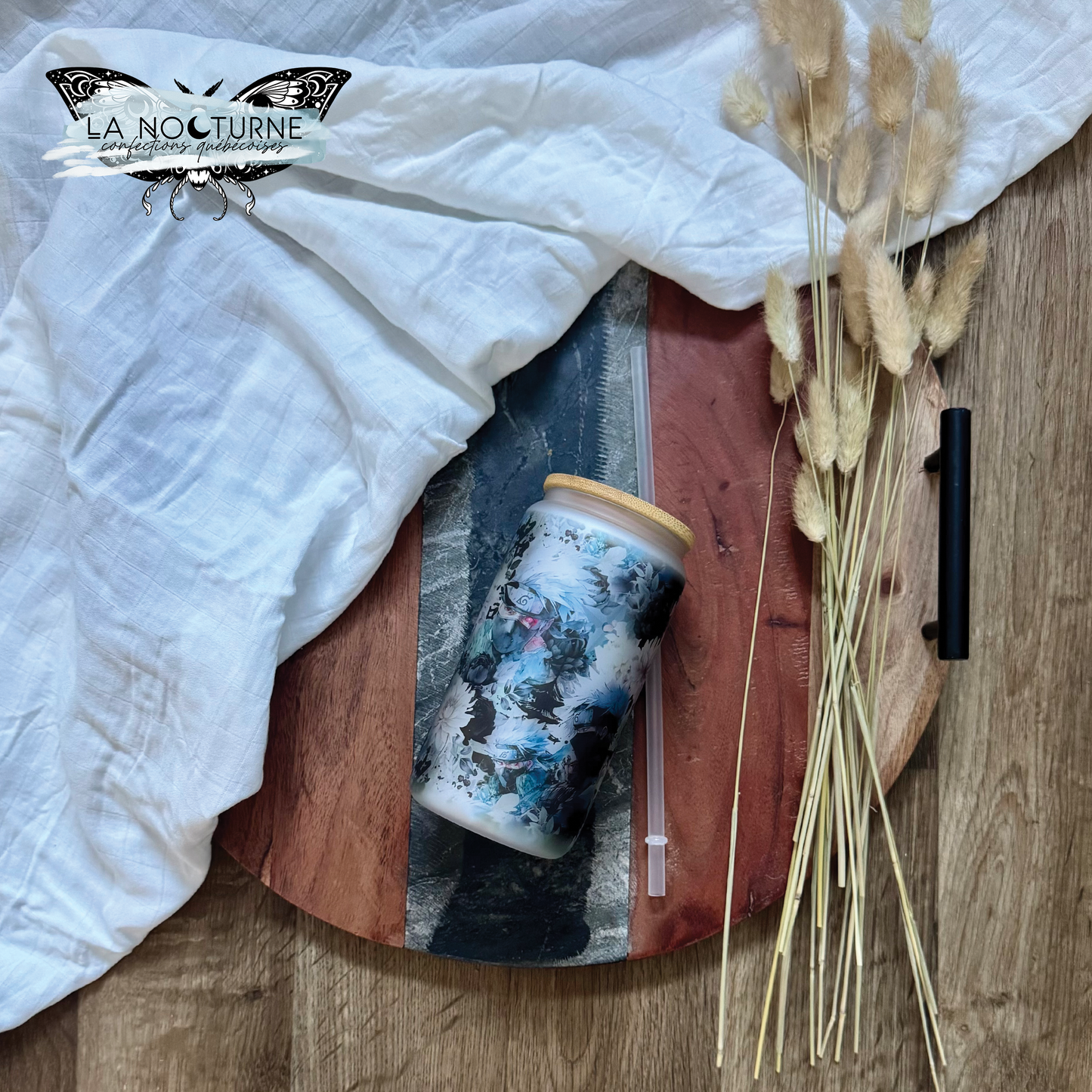 PRÊT À PARTIR - Verre givré couvercle en bambou 16 oz Kakashi floral