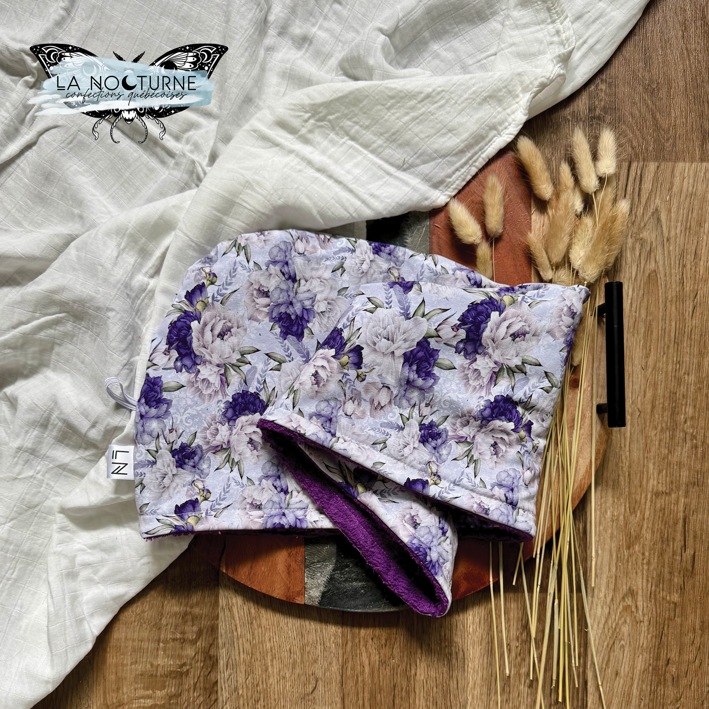 PRÊTE À PARTIR - Serviette à cheveux Fleurs vintage (ratine mauve)